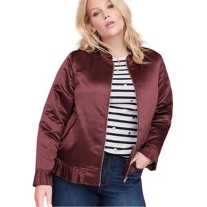 Lane Bryant Satin ruffle Bomber jacket deep purple maroon sz 26/28 Adorable!!!